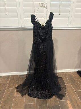 Black Sequin Evening Gown with Tulle Overlay